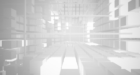 Abstract white architectural interior from an array of white cubes with neon lighting. 3D illustration and rendering.