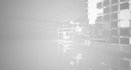 Obraz premium Abstract white architectural interior from an array of white cubes with neon lighting. 3D illustration and rendering.