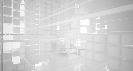 Abstract white architectural interior from an array of white cubes with neon lighting. 3D illustration and rendering.