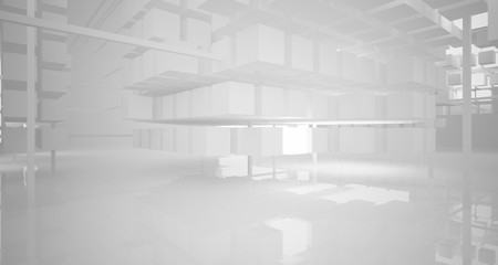 Abstract white architectural interior from an array of white cubes with neon lighting. 3D illustration and rendering.