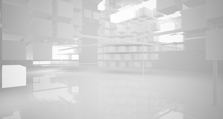 Abstract white architectural interior from an array of white cubes with neon lighting. 3D illustration and rendering.