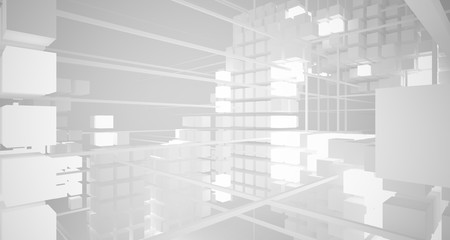 Abstract white architectural interior from an array of white cubes with neon lighting. 3D illustration and rendering.