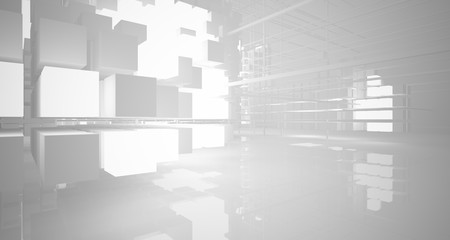 Abstract white architectural interior from an array of white cubes with neon lighting. 3D illustration and rendering.