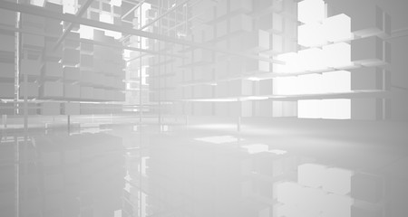 Abstract white architectural interior from an array of white cubes with neon lighting. 3D illustration and rendering.
