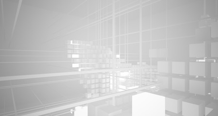 Fototapeta na wymiar Abstract white architectural interior from an array of white cubes with neon lighting. 3D illustration and rendering.