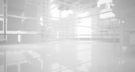 Abstract white architectural interior from an array of white cubes with neon lighting. 3D illustration and rendering.