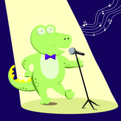 Cute green crocodile  is singing on a stage in the spotlight. Flat illustration with character on purple blackground
