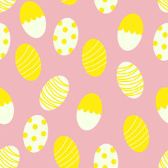 Easter Eggs with Dots and Stripes on a pink background. Seamless Pattern