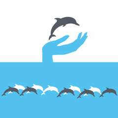 Travel agency logo.Design Dolphin and sea. Human hand and blue sea with dolphins