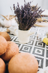 The process of creating pottery in studio.  Crockery from clay. Handmade dish with lavender flower