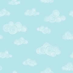 Seamless pattern with cute hand-drawn clouds on blue sky background.