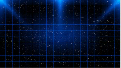 Retrowave blue laser grid on starry space background with three light sources on top and copy space in the center.