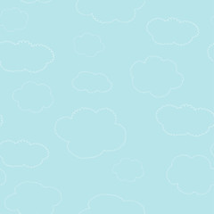 Seamless pattern with hand drawn curly clouds on a blue sky background. Doodle.