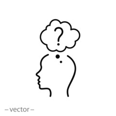 doubt man think icon, person head with question, problem, pensive character people, thin line web symbol on white background - editable stroke vector illustration eps 10