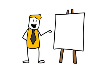 Cute man in business suit showing blank and presenting his working content. Vector illustration with hand-drawn style.