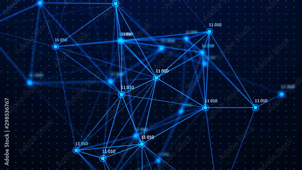 Wall mural data technology illustration. big data digital code. abstract connection of dots and lines on dark b