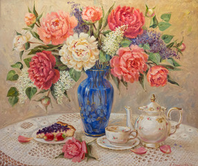 Obraz na płótnie Canvas Still life with a bouquet of peonies, a tea cup and a teapot, and blueberry pie on a plate painted by the artist with oil paints on canvas
