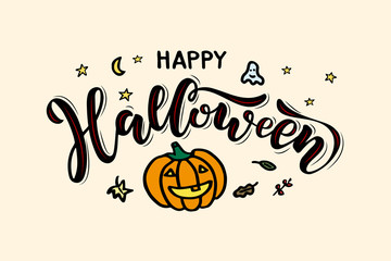 Happy HalloweenHappy Halloween - handwritten brush lettering calligraphy with stars, moon, ghost, leaves and pumpkin.