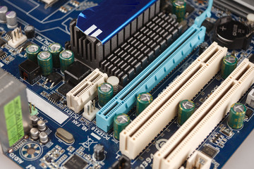 pci express connector on the motherboard of the computer close-up, video card connection