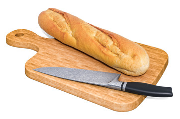 Baguette with crispy crust lies on a wooden board next to a knife, 3D rendering