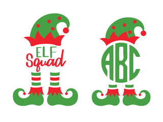 Cute elf squad monogram frame vector illustration. Christmas elf hat and boots. - obrazy, fototapety, plakaty