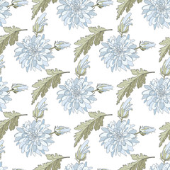 Seamless pattern with white chrysanthemums and leaves. Endless texture for design.