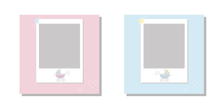 It's a boy it's a girl Vector greeting card.  Baby announcement card design with stroller. Cute frame border. Frames set for baby's photo album, invitation, note book or postcard 