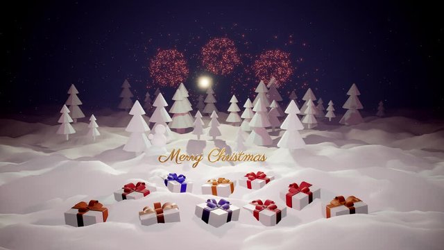 3d magical cartoon of Christmas Eve with magnificent shiny inscription Merry Christmas and christmas gifts in winter forest with snowdrifts, snowfall, moon and beautiful fireworks in night forest.
