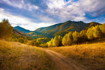 Beautiful autumn landscape, dirt road winding near forest and mountains