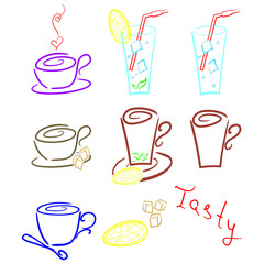 Hand drawn set of drinks: cocktails, tea, coffee. Color sketches on a white background. Vector illustration.