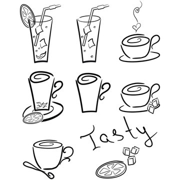 Hand drawn set of drinks: cocktails, tea, coffee. Black and white sketches on a white background. Vector illustration.