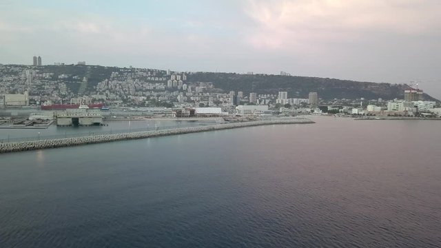 Haifa, Israel. Aerial footage  of haifa cityscape. Haifa bay early morning sunrise.