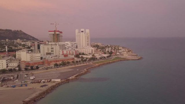 Haifa, Israel. Aerial footage  of haifa cityscape. Haifa bay early morning sunrise.