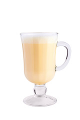 Homemade eggnog with cinnamon isolated on white background. Typical Christmas dessert.