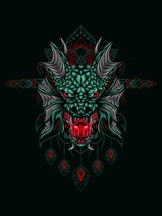 Sea dragon head vector illustration with mandala as the background ornament, suitable for apparel merchandise, t-shirt or outerwear.