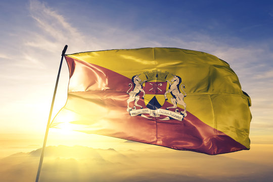Sorocaba of Brazil flag waving on the top sunrise mist fog