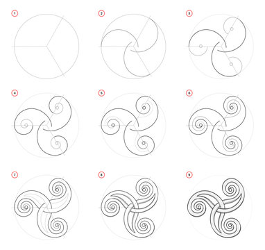How to draw step-wise Celtic popular symbol Triskel. Creation step by step pencil drawing. Educational page for artists. School textbook for developing artistic skills. Hand-drawn vector image.