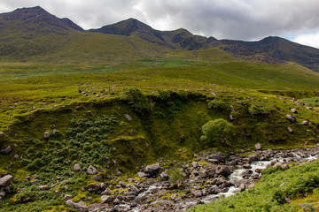 Nearby Carrantuohill Mountain, way to the pick, river and road, Co. Kerry, Ireland summer