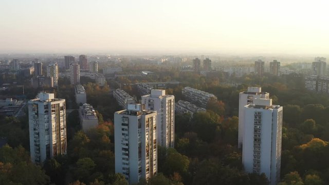 Croatia, city of Zagreb, aerial view of Novi Zagreb socialist residential district in autumn day, drone circle footage