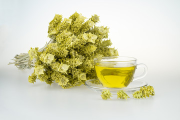 Bunch of mountain tea Malotira and mug with hot tea. Greek traditional herbal tea in transparent cup. Mountain tea sideritis. Natural Greek herbs.