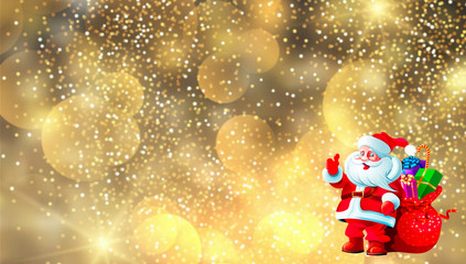 Near the end of the New Year's Eve christmas festival holiday,the picture shows a Santa Claus carrying a red gift bag right frame and a golden background texture.