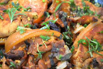 Russian cuisine: boar game or roasted pork in frying pan, top view.