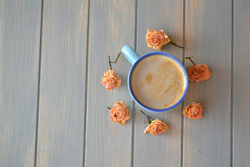 Fototapeta na wymiar Cozy coffee breakfast on Mother or Woman day. Copy space, top view