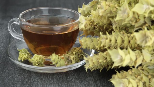 Bunch of mountain tea Malotira and mug with warm tea. Greek traditional herbs. Greek mountain tea with transparent cup on wooden background. Tsai vounou natural herbal tea.