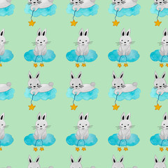 Seamless pattern of a Bunny on a cloud with stars on a string. Gentle baby pattern
