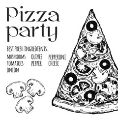 Vector drawing, pizza, table, organic food ingredients. Hand drawn pizza illustration. Great for menu, poster or label.