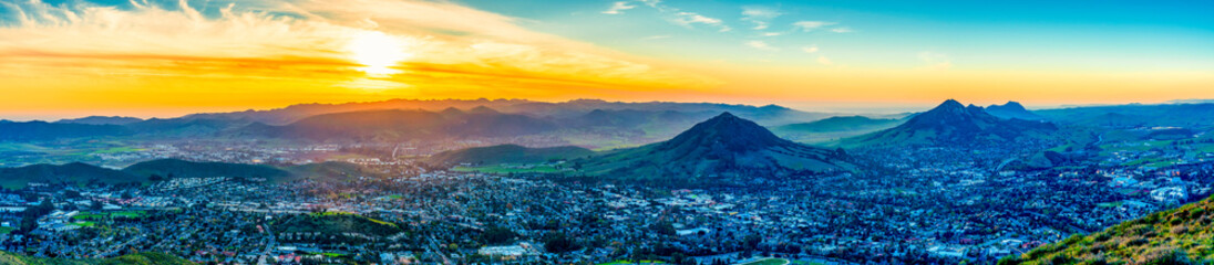 Panorama of Mountains, city, at Sunset, Sunrise