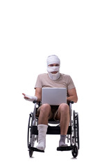 Injured man in wheel-chair isolated on white