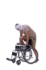 Fototapeta na wymiar Injured man in wheel-chair isolated on white