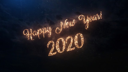 Fototapeta na wymiar 2020 Happy New Year greeting text with particles and sparks on black night sky with colored fireworks on background, beautiful typography magic design.